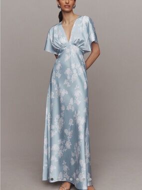 BHLDN Powder Blue Satin Floral Maxi Dress
